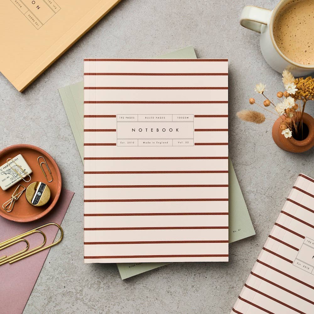 Vol 55: Red Burgundy Stripe Lay Flat Notebook - Ruled