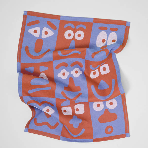 Making Faces Blue/Brown Tea Towel
